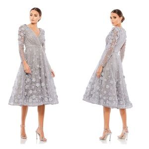 Mac Duggal Silver A-Line Midi Dress with Bishop Sleeves